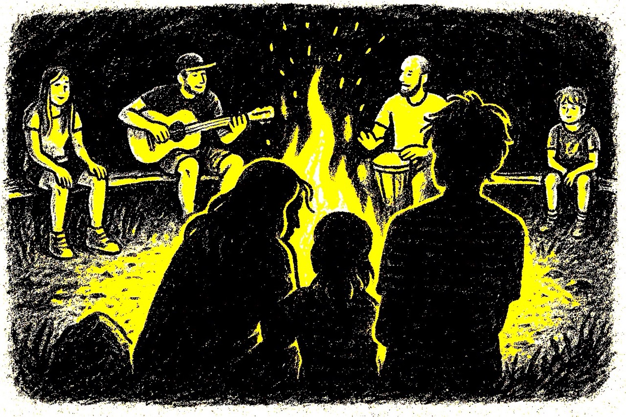 Die Freizeitbande sitzt um das Lagerfeuer herum und singt